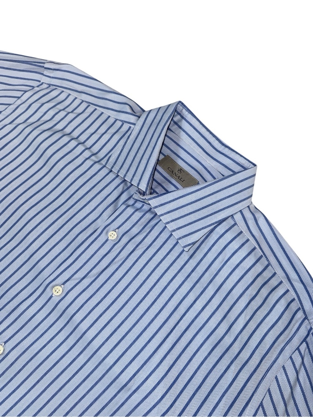 Canali mens 17.5 44 blue stripe herringbone cotton luxury dress shirt EUC